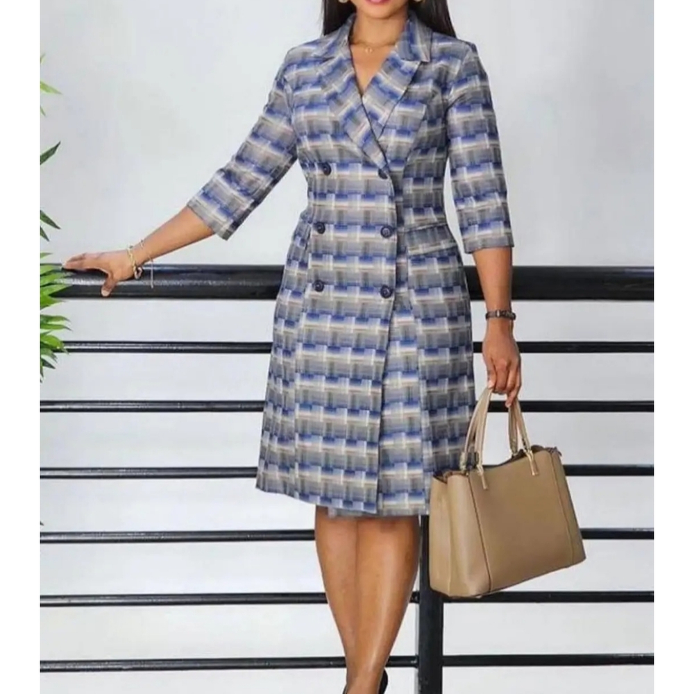 Chic Blue Print Blazer Midi Dress